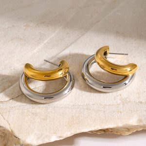 18k gold stainless steel/color blocked upper and lower C-shaped overlapping earrings