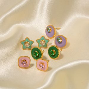Titanium steel 18k gold green pentagram white zircon earrings