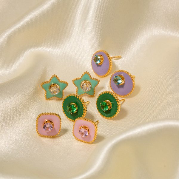 Titanium steel 18k gold green pentagram white zircon earrings