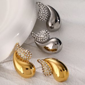 18k gold stainless steel/chubby double-layer teardrop shaped rhinestone earrings