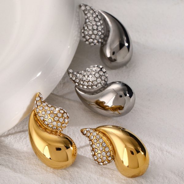 18k gold stainless steel/chubby double-layer teardrop shaped rhinestone earrings