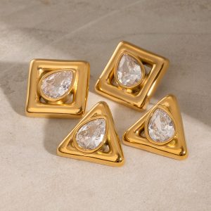 Stainless steel white zircon geometric square earrings