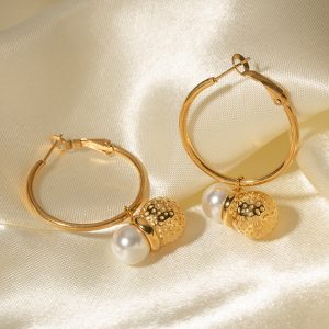18K gold stainless steel hammer patterned pearl ball pendant earrings