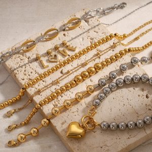 Stainless steel beaded bracelet color-blocked letter metal chain