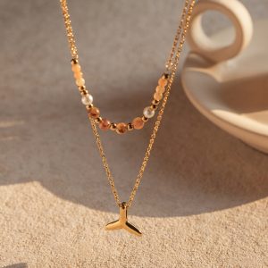 18k gold stainless steel double-layer fish tail pendant necklace