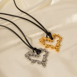 Stainless steel black wax rope lava like hollow heart pendant necklace