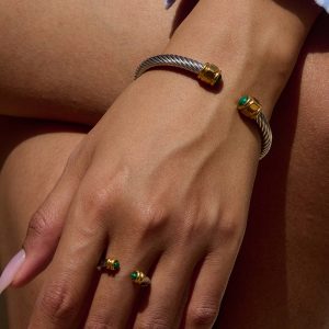 Natural stone stainless steel opening bracelet