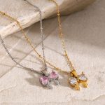 18k gold stainless steel/bow white zircon pendant necklace