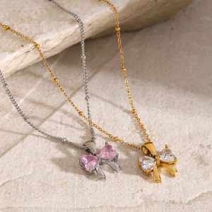 18k gold stainless steel/bow white zircon pendant necklace