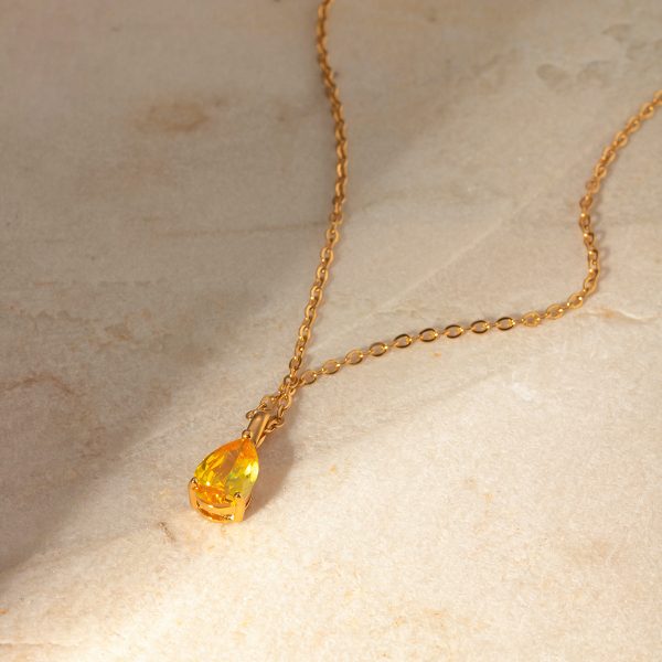 Golden zircon droplet shaped pendant necklace