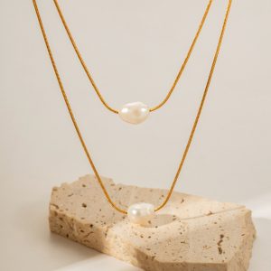 Stainless steel inlaid with freshwater pearls, double layered non fading necklace