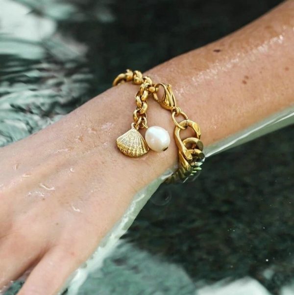 Stainless steel freshwater pearl bracelet 18K gold plated Cuban bracelet