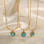Stainless steel blue cat's eye stone square necklace