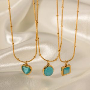 Stainless steel blue cat's eye stone square necklace