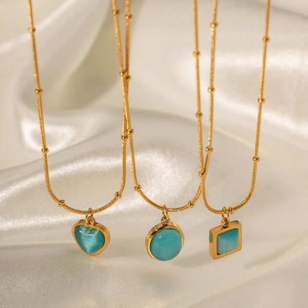 Stainless steel blue cat's eye stone square necklace